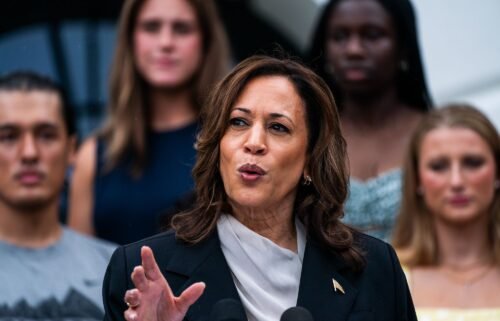 Vice President Kamala Harris speaks during an event with NCAA athletes on the South Lawn of the White House on July 22.
