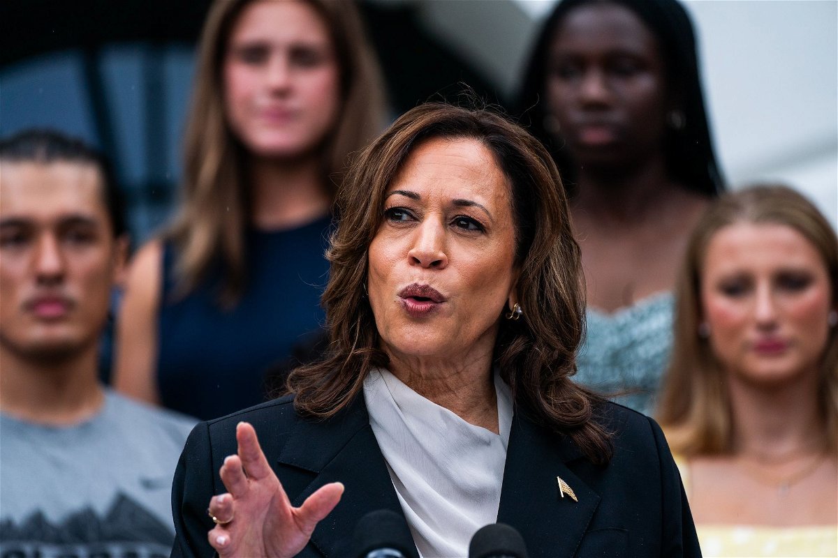 <i>Demetrius Freeman/The Washington Post/Getty Images via CNN Newsource</i><br/>Vice President Kamala Harris speaks during an event with NCAA athletes on the South Lawn of the White House on July 22.