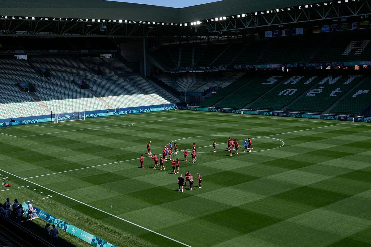 <i>Silvia Izquierdo/AP via CNN Newsource</i><br/>Canada's women's soccer team trains at the Geoffroy-Guichard Stadium in Saint-Étienne ahead of the 2024 Summer Olympics