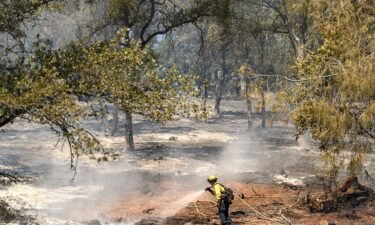 A firefighter extinguishes hotspots during the French Fire in Mariposa