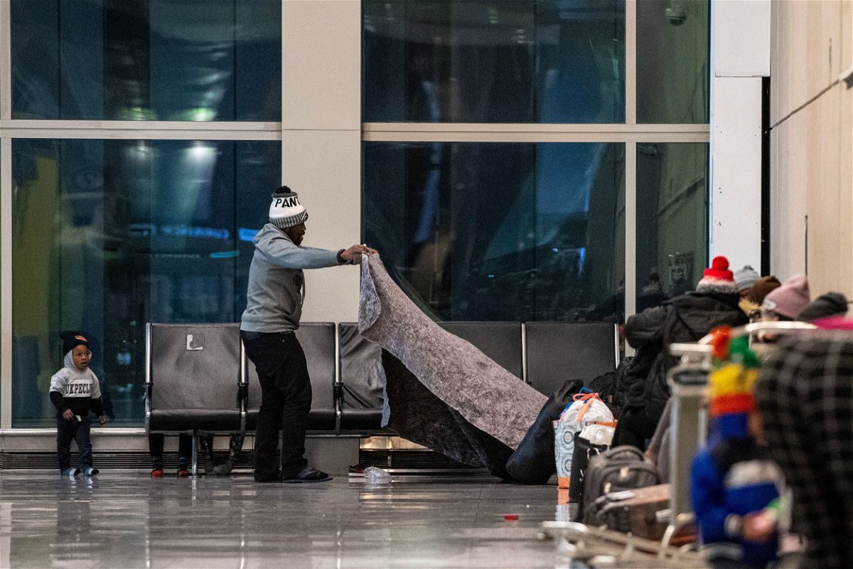 <i>Joseph Prezioso/AFP/Getty Images via CNN Newsource</i><br/>This file photo from January shows migrants families using Terminal E at Boston Logan International Airport as a shelter.
