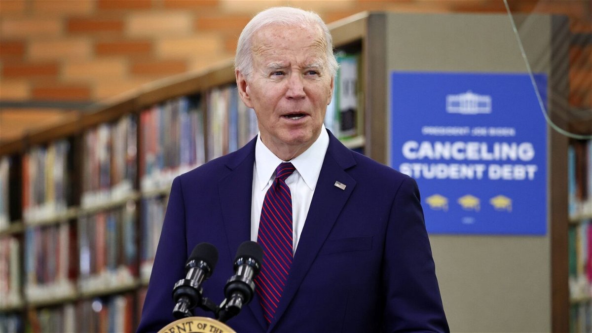 <i>Mario Tama/Getty Images via CNN Newsource</i><br/>President Joe Biden delivers remarks on canceling student debt on February 21