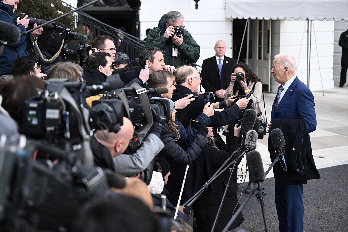 <i>Brendan Smialowski/AFP/Getty Images/File via CNN Newsource</i><br/>President Joe Biden speaks to reporters before boarding Marine One on the South Lawn of the White House in Washington