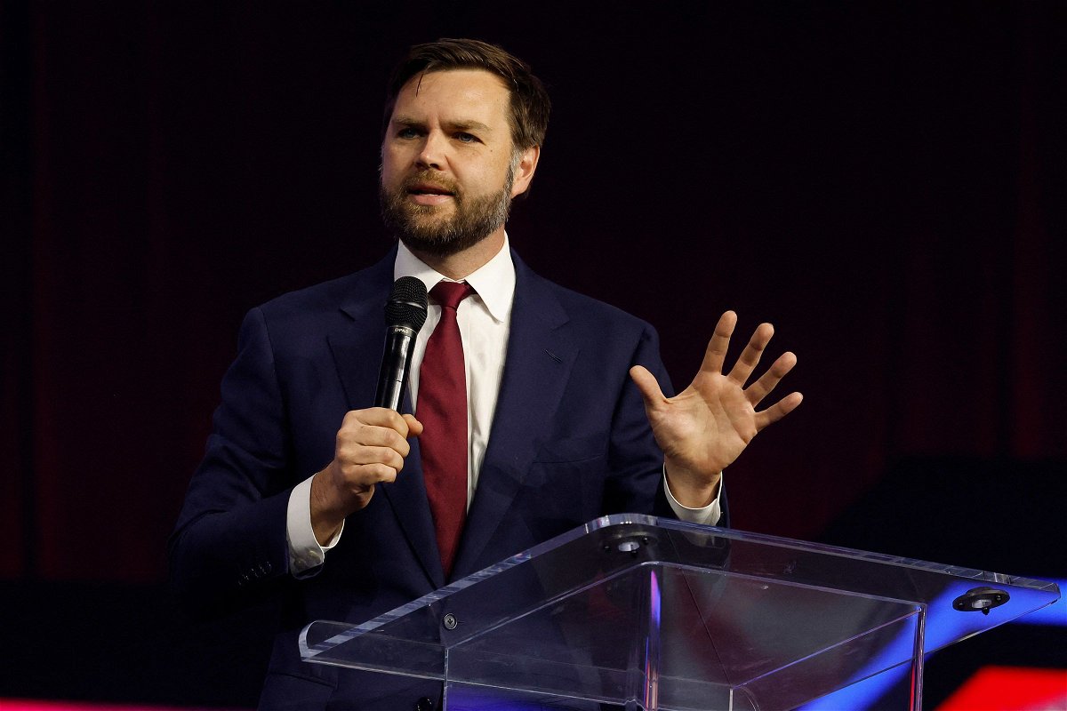 <i>Jeff Kowalsky/AFP/Getty Images via CNN Newsource</i><br/>US Senator J.D. Vance addresses the Turning Point People's Convention at Huntington Place in Detroit