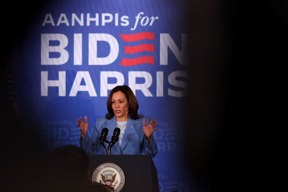 <i>Justin Sullivan/Getty Images via CNN Newsource</i><br/>Vice President Kamala Harris speaks during a campaign event at Resorts World Las Vegas on July 9