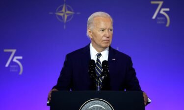 President Joe Biden delivers remarks during the NATO 75th anniversary celebratory event at the Andrew Mellon Auditorium on July 9