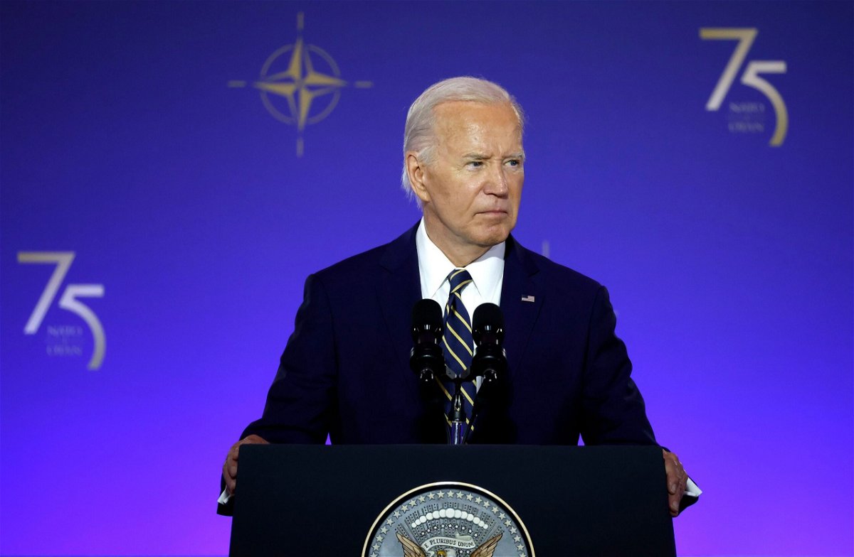 <i>Kevin Dietsch/Getty Images via CNN Newsource</i><br/>President Joe Biden delivers remarks during the NATO 75th anniversary celebratory event at the Andrew Mellon Auditorium on July 9