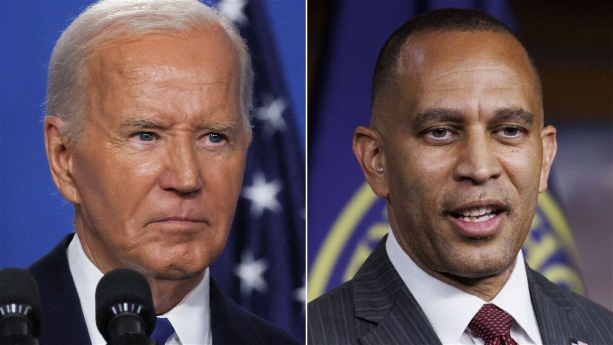 <i>Reuters & Bloomberg via Getty Images via CNN Newsource</i><br/>House Democratic Leader Hakeem Jeffries and President Joe Biden met after the president’s closely watched solo news conference as defections in Biden’s Democratic coalition in Congress continue.