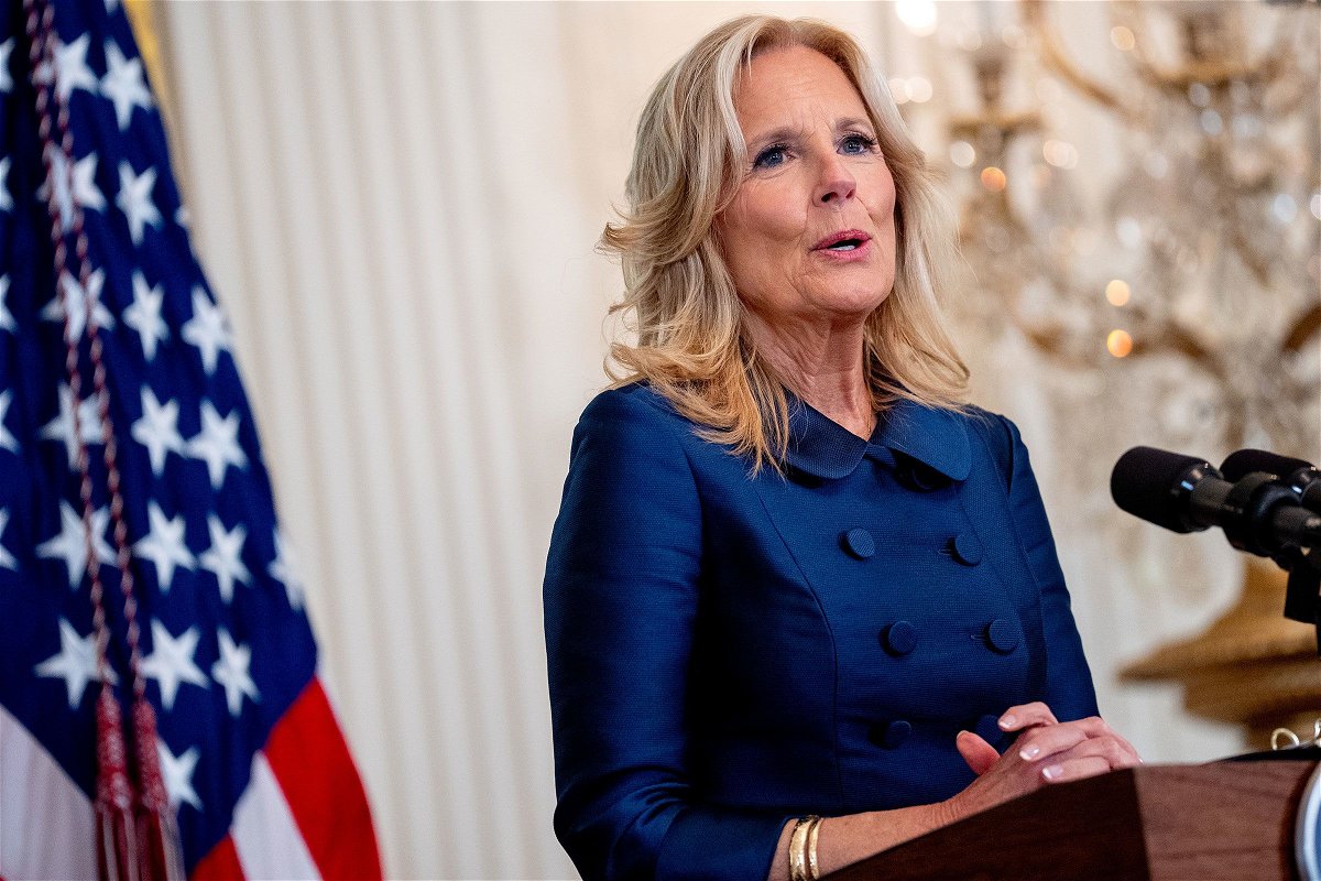 <i>Andrew Harnik/Getty Images via CNN Newsource</i><br/>First lady Jill Biden speaks during a World War I remembrance event in the East Room of the White House on May 7