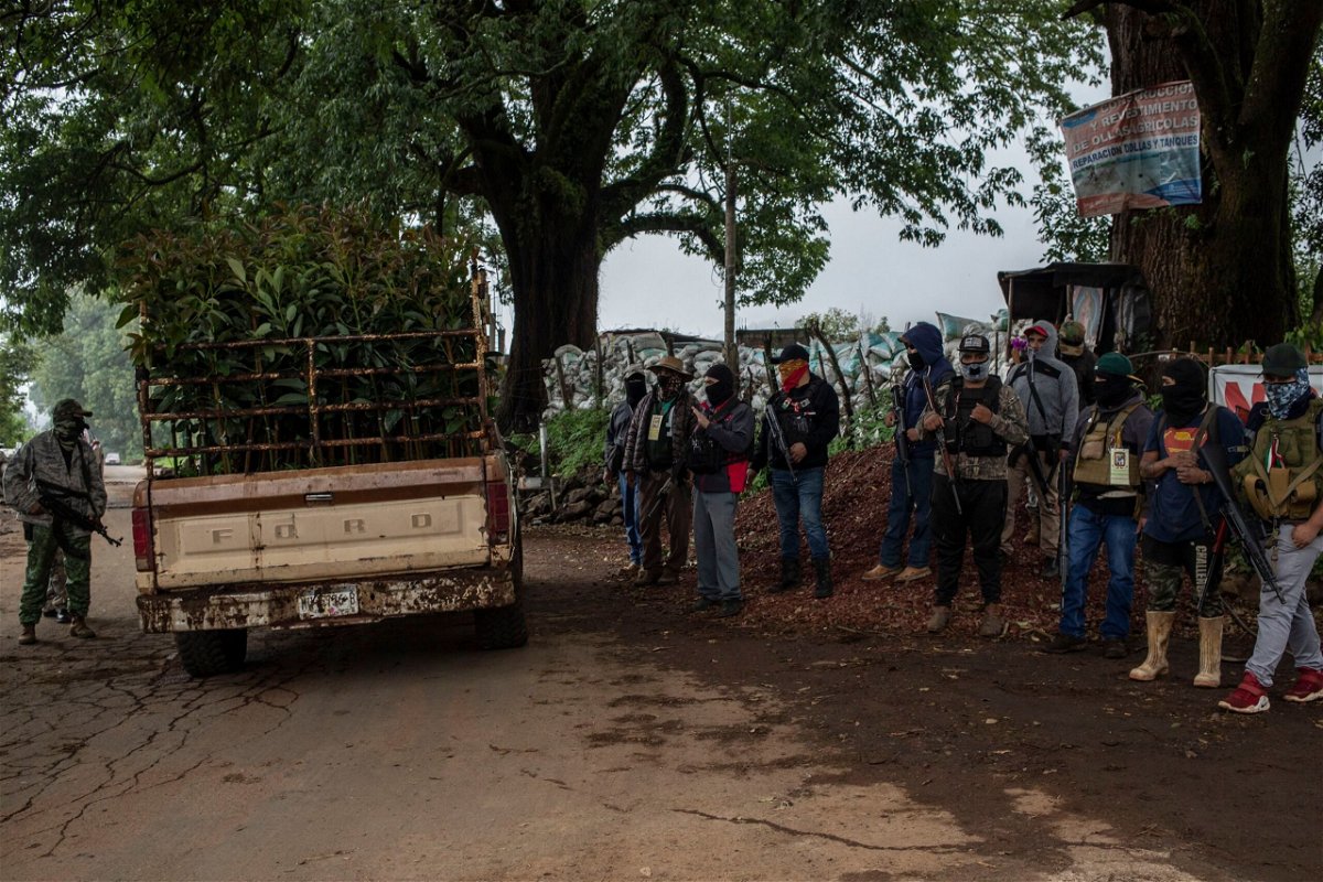 <i>Cristopher Rogel Blanquet/Getty Images via CNN Newsource</i><br/>A group of armed men provide security as a truck with avocado trees passes by in Ario de Rosales