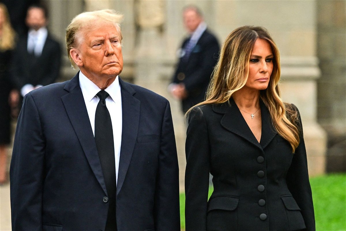 <i>Giorgio Viera/AFP/Getty Images via CNN Newsource</i><br/>Former President Donald Trump and former first lady Melania Trump depart the funeral for Amalija Knavs