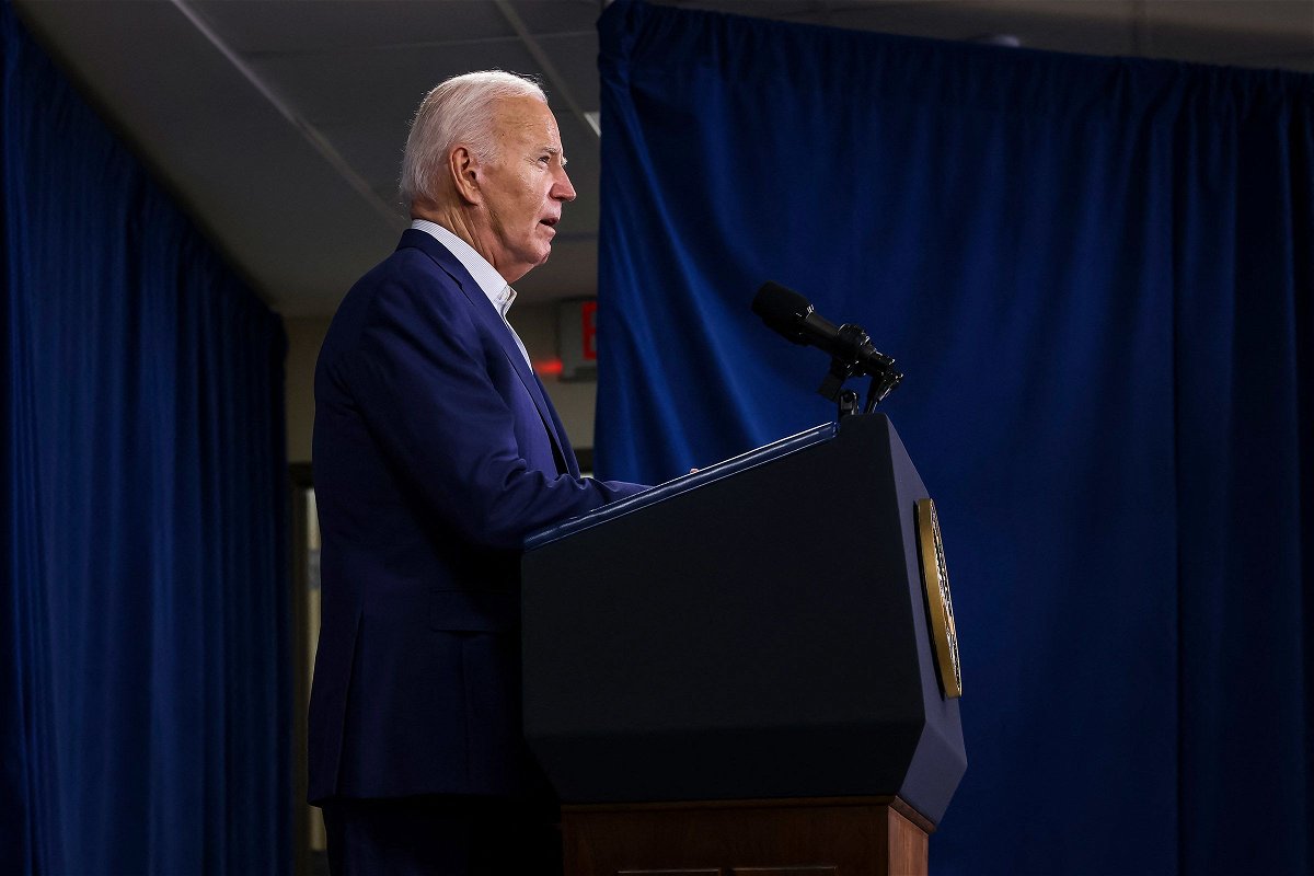 <i>Samuel Corum/AFP/Getty Images via CNN Newsource</i><br/>President Joe Biden speaks after his Republican opponent Donald Trump was injured following a shooting at an election rally in Pennsylvania.