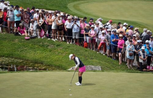 Furue putting on the 16th during the final round of the Evian Championship. She would birdie the hole and go on to win the title with a dramatic 18th hole eagle to win by a single stroke.