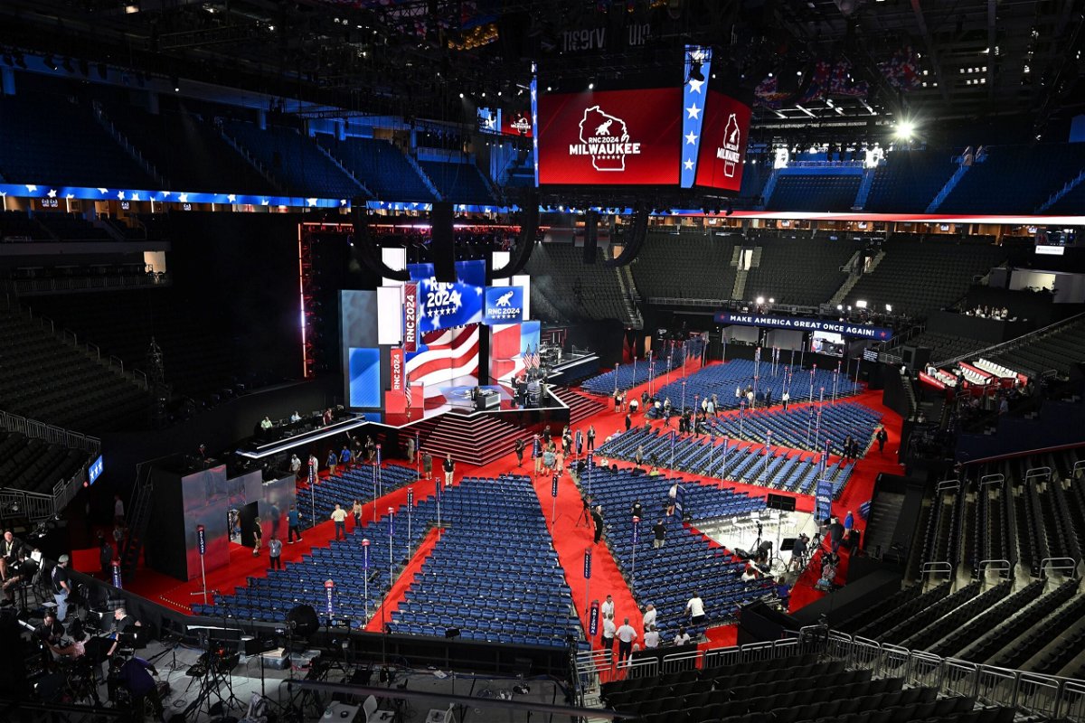 <i>Leon Neal/Getty Images via CNN Newsource</i><br/>The Fiserv Forum is seen as it is prepared for the Republican National Convention on July 13