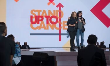 Deborah Waknin-Harwin and Shannen Doherty speak at a Stand Up To Cancer program in 2018.