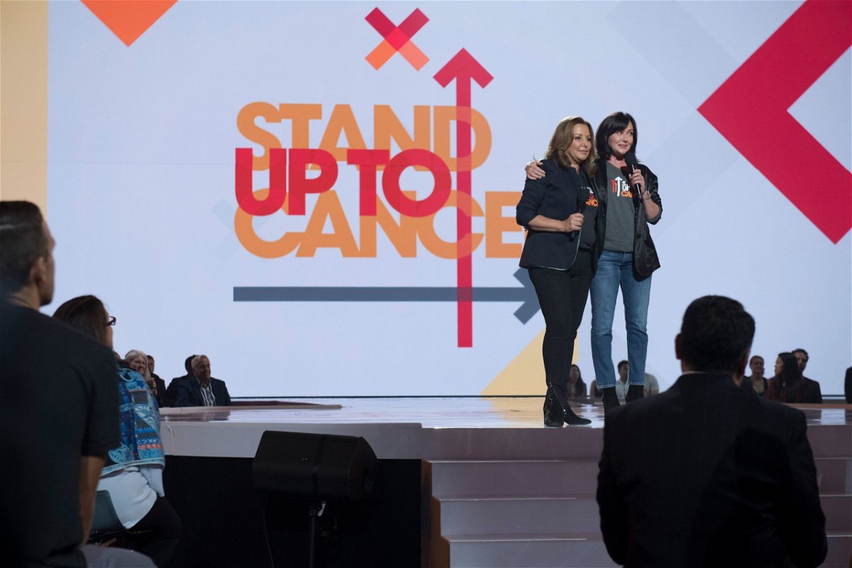 <i>Image Group LA/Getty Images via CNN Newsource</i><br/>Deborah Waknin-Harwin and Shannen Doherty speak at a Stand Up To Cancer program in 2018.