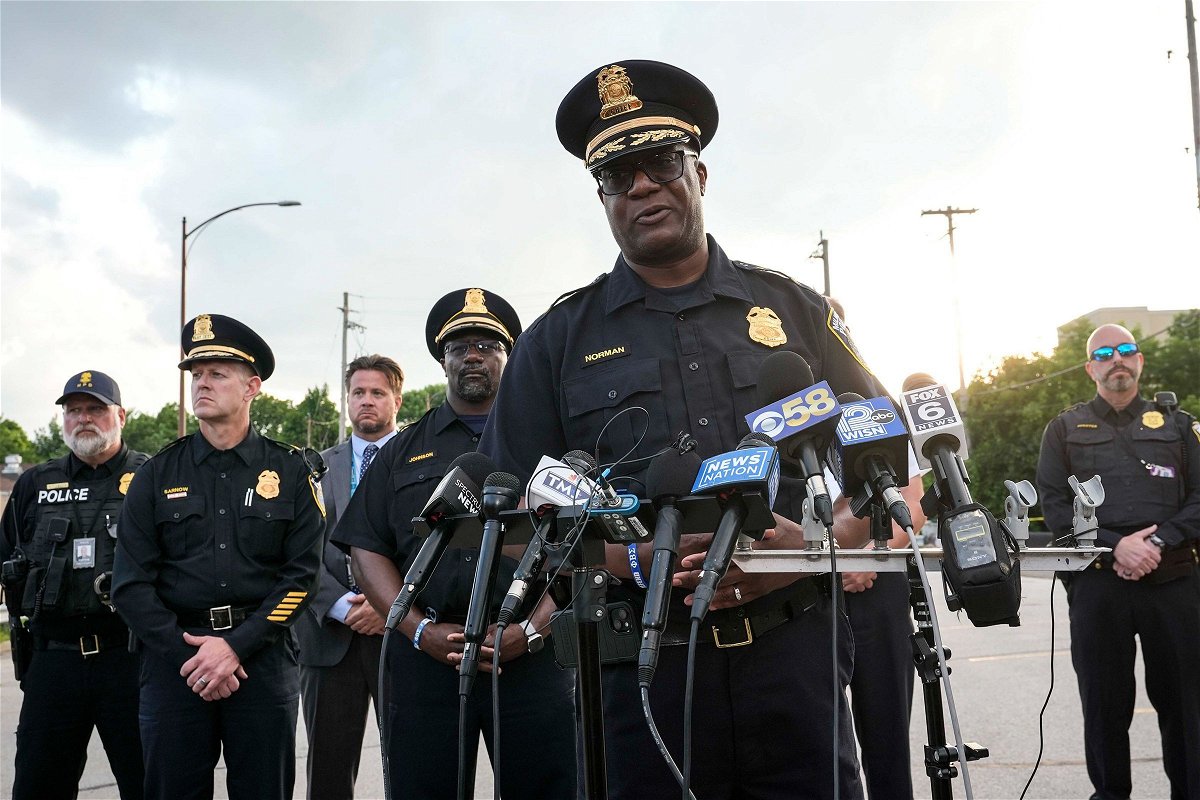 <i>Alex Brandon/AP via CNN Newsource</i><br/>Milwaukee Police Chief Jeffrey Norman speaks during a news conference about a man shot and killed by police during the second day of the 2024 Republican National Convention.