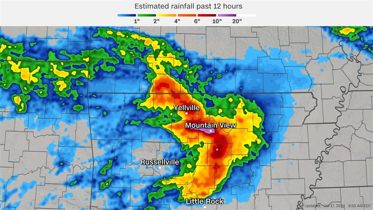 <i>CNN Weather via CNN Newsource</i><br/>Radar estimates show how much rain fell from Tuesday night through Wednesday morning in Arkansas and the surrounding area.