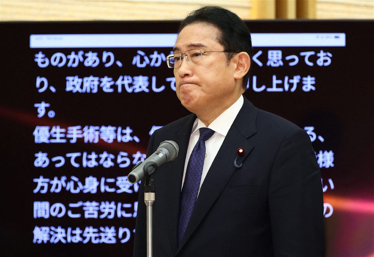 <i>JIJI Press/AFP/Getty Images via CNN Newsource</i><br/>Prime Minister Fumio Kishida apologizes during a meeting with the plaintiffs and their supporters at his official residence in Tokyo on July 17