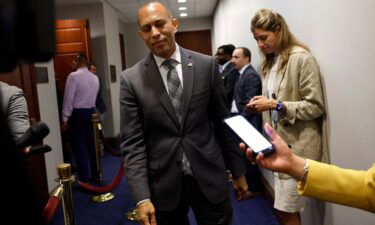 U.S. House Minority Leader Hakeem Jeffries speaks to reporters as he leaves a meeting at the U.S. Capitol on in Washington