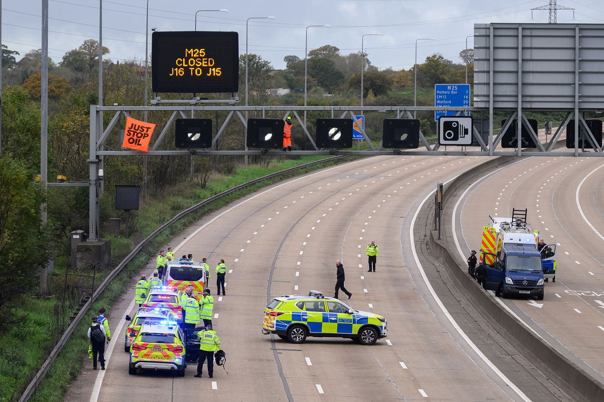 <i>Leon Neal/Getty Images via CNN Newsource</i><br/>Five activists of the Just Stop Oil environmental campaign have been sentenced for their involvement in organizing protests that blocked a major London highway in November 2022.