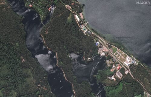 Satellite image provided by Maxar Technologies shows an air defense system near the summer residence of Russian President Vladimir Putin.