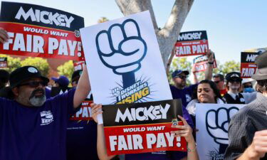 Workers gather with signs as the Teamsters union and Disney cast members demand fair wages at a rally outside Disneyland