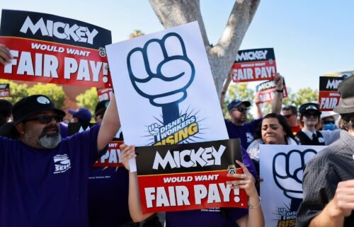 Workers gather with signs as the Teamsters union and Disney cast members demand fair wages at a rally outside Disneyland
