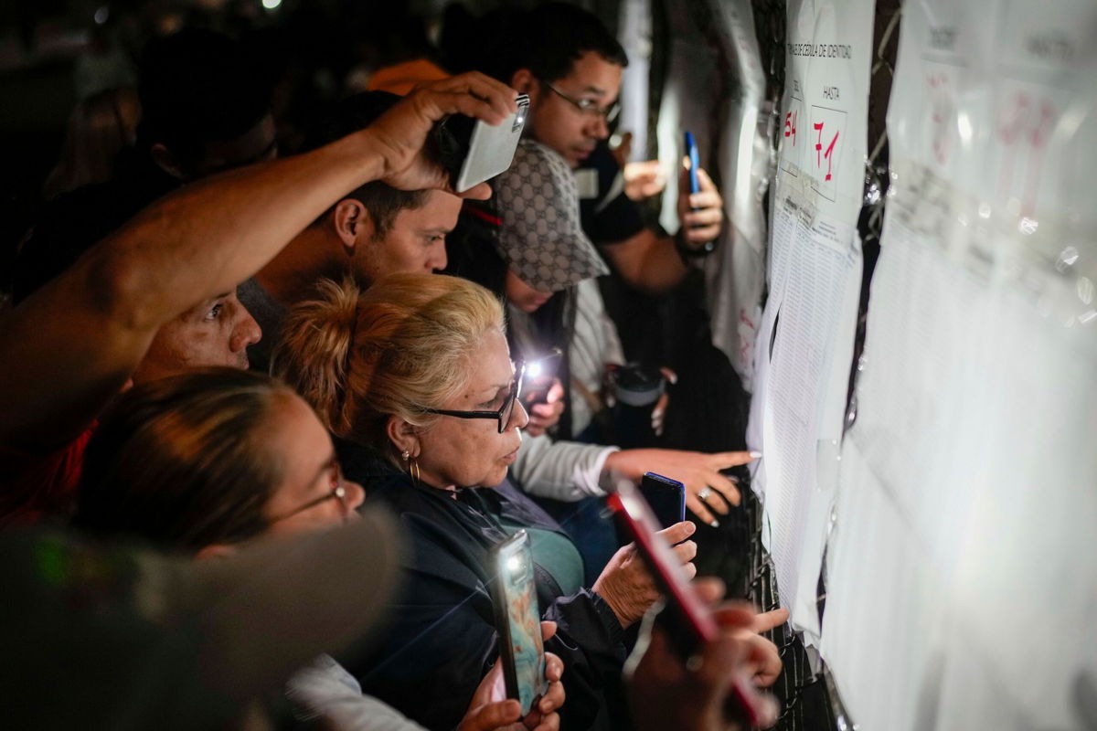 <i>Matias Delacroix/AP via CNN Newsource</i><br/>Voters look at electoral lists prior to the opening of the polls for presidential elections in Caracas