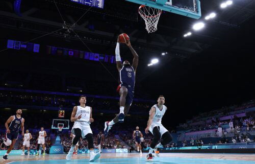 LeBron James goes to the basket in the men's group C game between Serbia and Team USA at the Pierre-Mauroy stadium in Villeneuve-d'Ascq