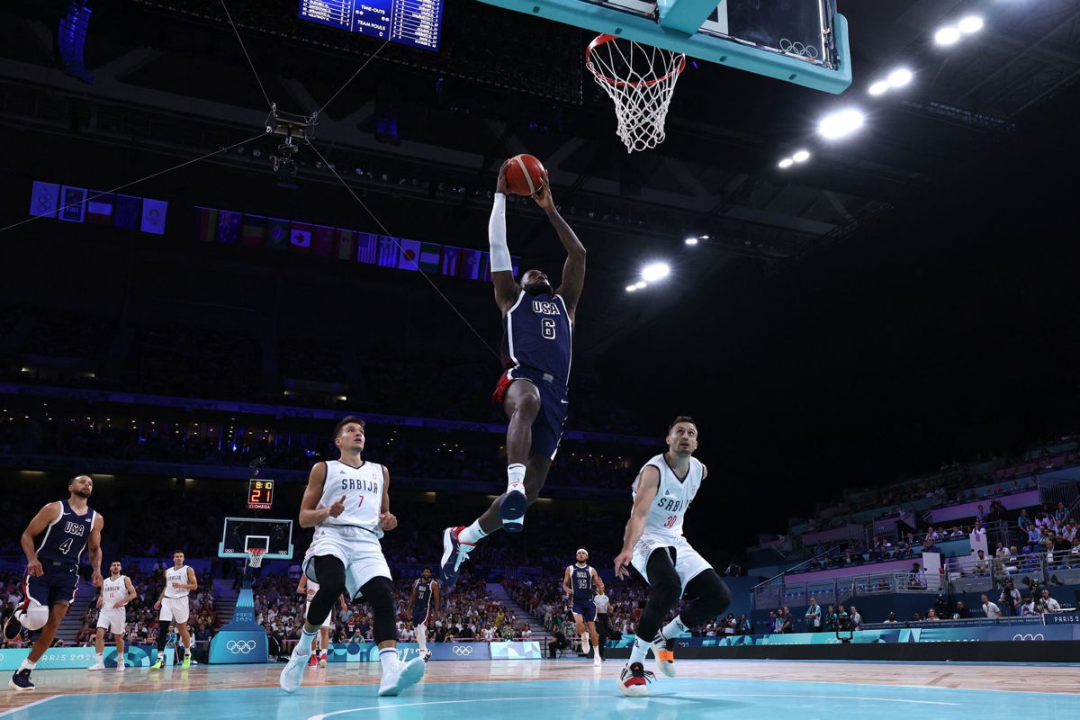 <i>Thomas Coex/AFP/Getty Images via CNN Newsource</i><br/>LeBron James goes to the basket in the men's group C game between Serbia and Team USA at the Pierre-Mauroy stadium in Villeneuve-d'Ascq