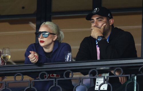 Lady Gaga and Michael Polanksy watch on July 28 at the women's Artistic Gymnastics qualification round during the 2024 Olympic Games in Paris.