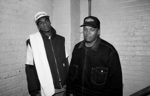 Rapper Snoop Doggy Dogg and rapper and producer Dr. Dre poses for photos backstage at the Regal Theater in Chicago in January 1993.