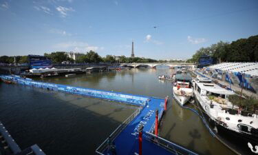 View of the Seine with the grandstands and the Eiffel Tower in the background in Paris July 29.