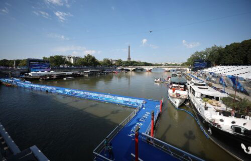 View of the Seine with the grandstands and the Eiffel Tower in the background in Paris July 29.