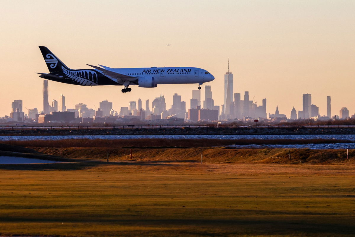 <i>Charly Triballeau/AFP/Getty Images via CNN Newsource</i><br/>A Boeing 787-9 Dreamliner passenger aircraft of Air New Zealand arrives at JFK International Airport in New York in February.
