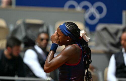 Coco Gauff reacts as a call goes against her at the Paris Olympics.