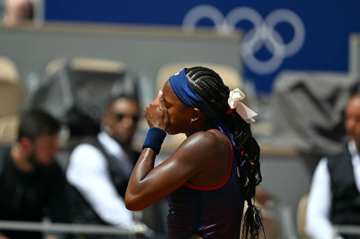 <i>Patricia de Melo Moreira/AFP/Getty Images via CNN Newsource</i><br/>Coco Gauff reacts as a call goes against her at the Paris Olympics.