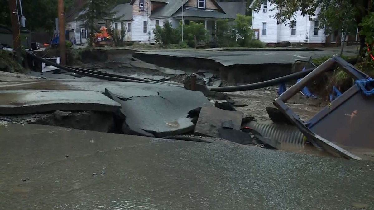 <i>WPTZ via CNN Newsource</i><br/>Flooding damage is seen in St. Johnsbury