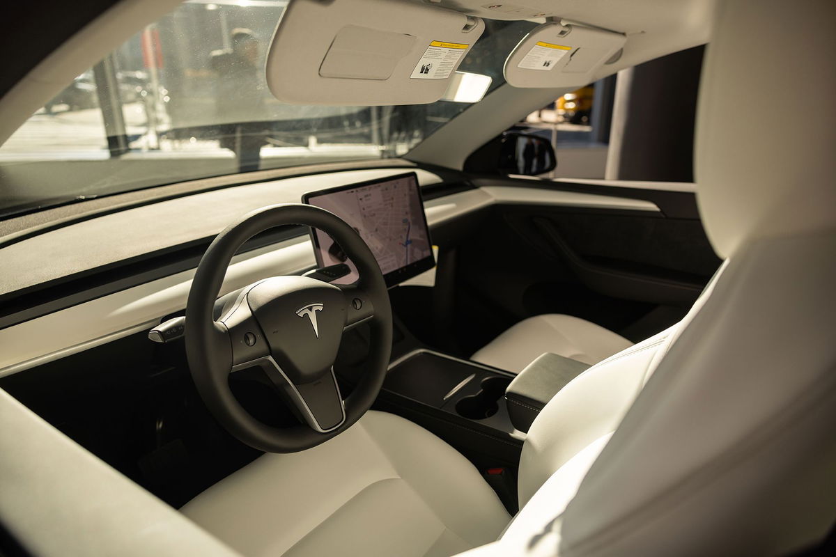 <i>Yuki Iwamura/Bloomberg/Getty Images via CNN Newsource</i><br/>The interior of a Tesla Model Y electric vehicle at the company's showroom in New York.