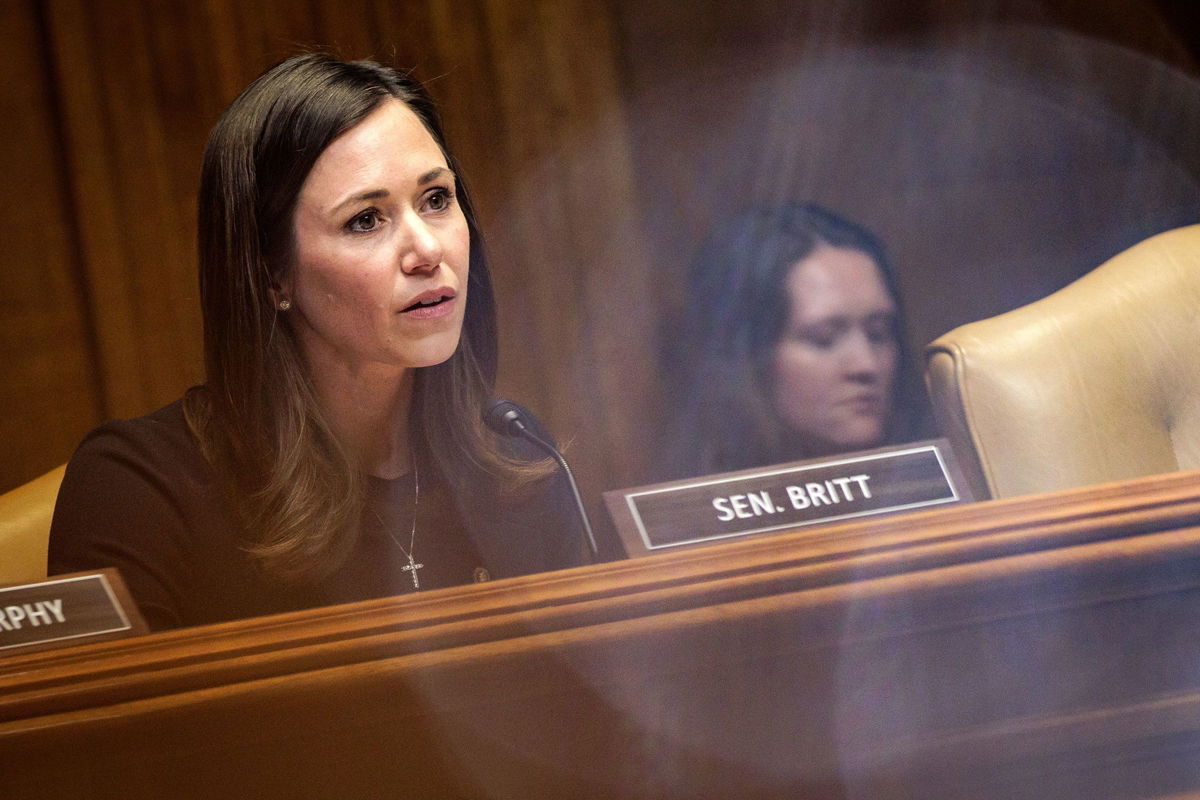 <i>Samuel Corum/Getty Images/File via CNN Newsource</i><br/>Sen. Katie Britt during a hearing on April 10