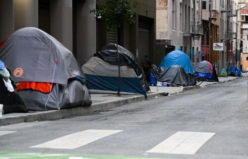 A homeless encampment is seen on a sidewalk in San Francisco