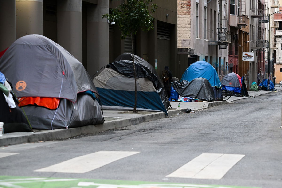 <i>Tayfun Coskun/Anadolu Agency/Getty Images via CNN Newsource</i><br/>A homeless encampment is seen on a sidewalk in San Francisco