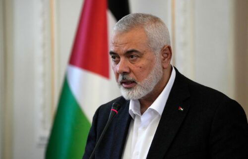 Hamas chief Ismail Haniyeh speaks during a press briefing after his meeting with Iranian Foreign Minister Hossein Amirabdollahian in Tehran