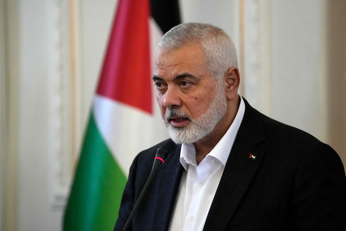 <i>Vahid Salemi/AP/File via CNN Newsource</i><br/>Hamas chief Ismail Haniyeh speaks during a press briefing after his meeting with Iranian Foreign Minister Hossein Amirabdollahian in Tehran
