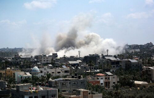 Smoke rises during an Israeli strike in Deir el-Balah in the central Gaza Strip on July 27.