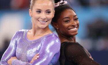 MyKayla Skinner (left) and Simone Biles (right) pictured at the Tokyo 2020 Olympic Games.