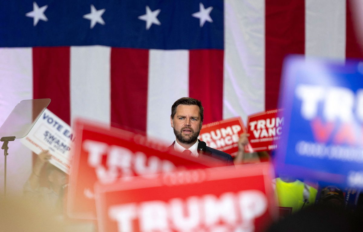 <i>Logan Cyrus/AFP/Getty Images via CNN Newsource</i><br/>Ohio Sen. JD Vance addresses supporters during a campaign event in Radford