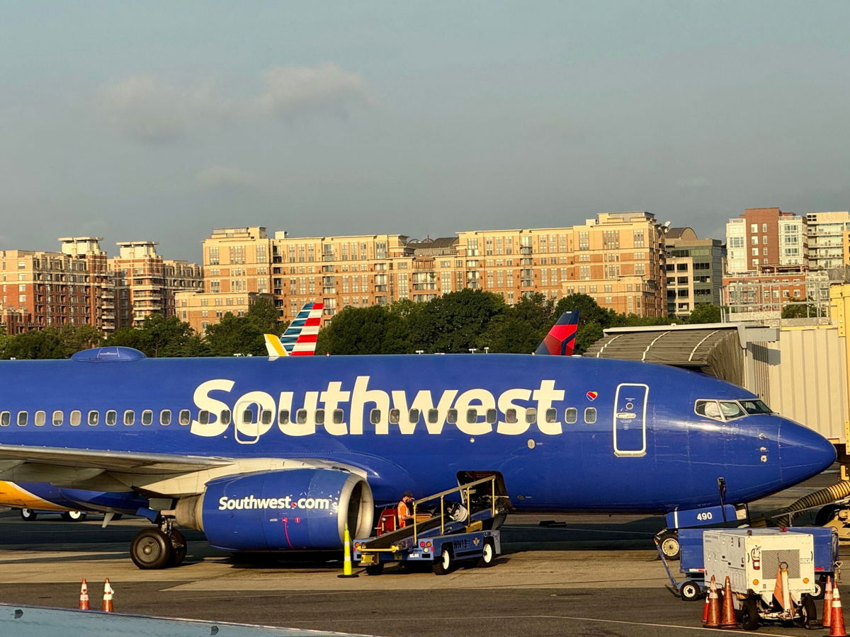 <i>Daniel Slim/AFP/Getty Images via CNN Newsource</i><br/>A Southwest Airlines Boeing 737 plane at Ronald Reagan Washington National Airport