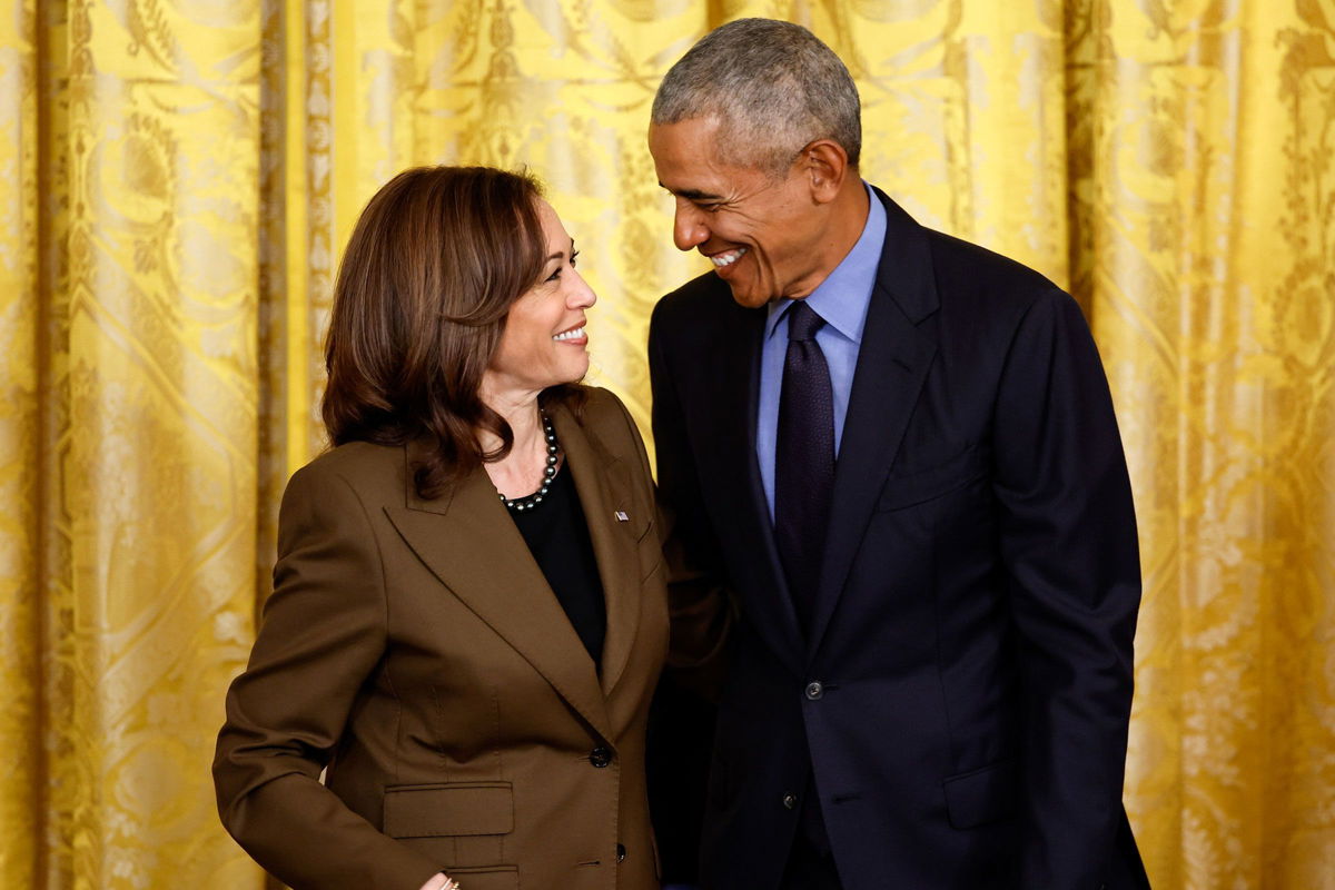 <i>Chip Somodevilla/Getty Images/File via CNN Newsource</i><br/>Former President Barack Obama is reportedly expected to endorse Vice President Kamala Harris seen here on April 2022 in the East Room of the White House in Washington.